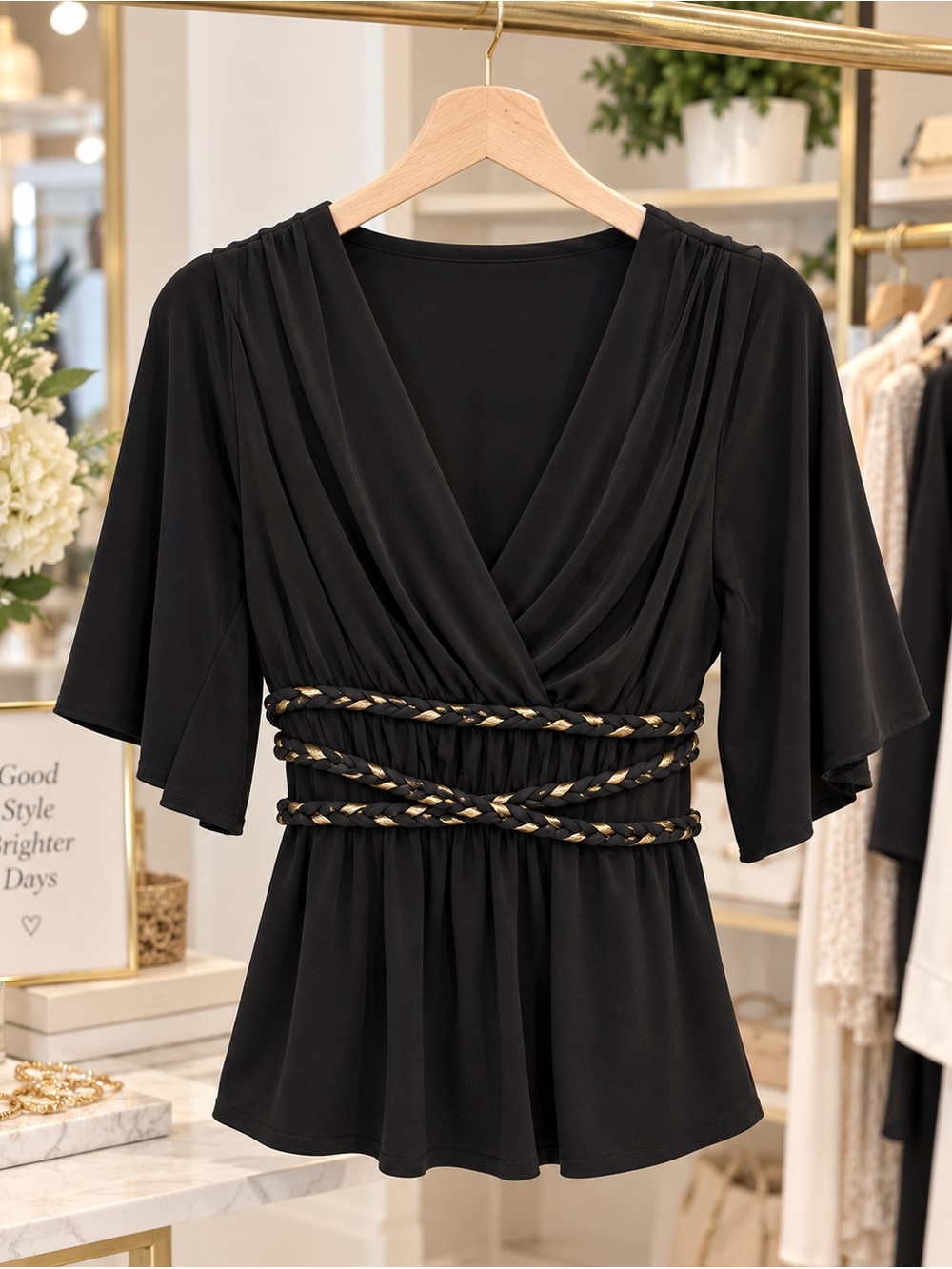 Black Braided-Waist V-Neck Women's Top